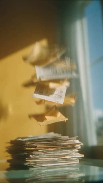 Falling papers settling onto a desk