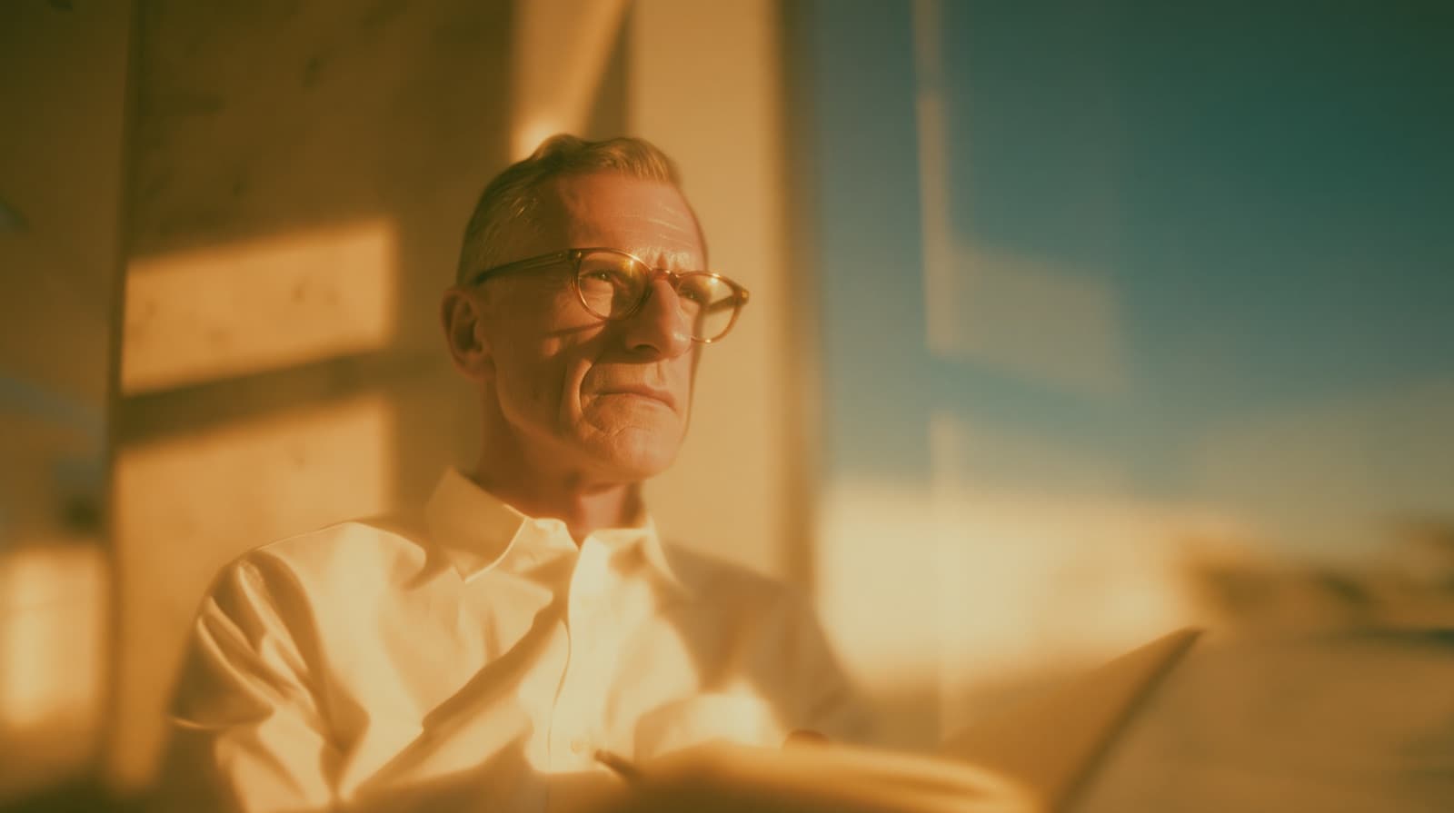 A professional in glasses at a sunlit office window