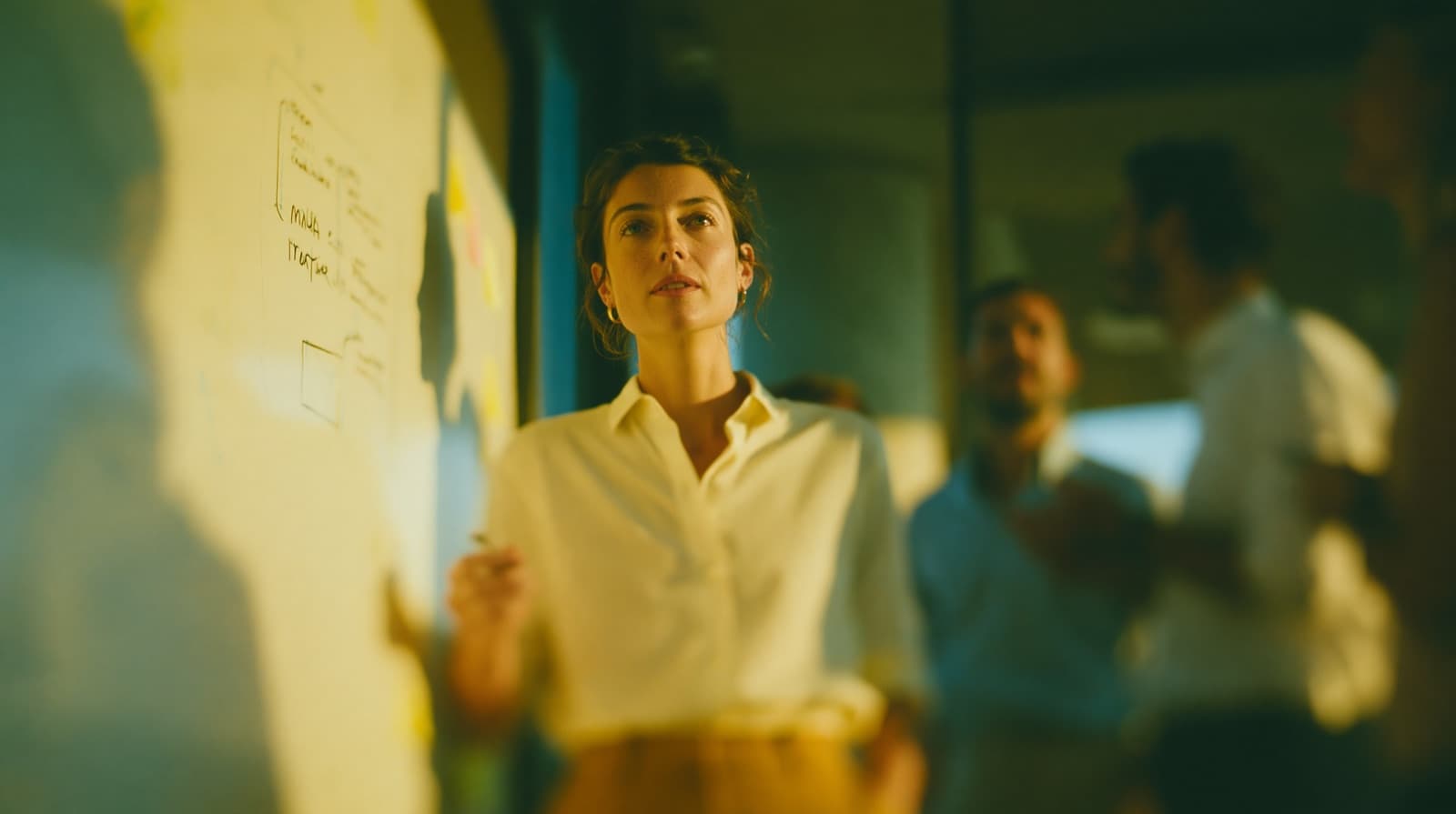 A strategist working at a sunlit office whiteboard